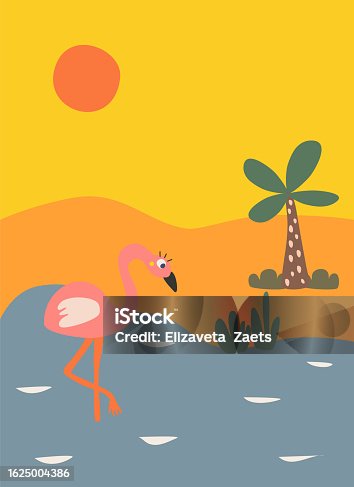 istock cute postcard with flamingo at sunset 1625004386