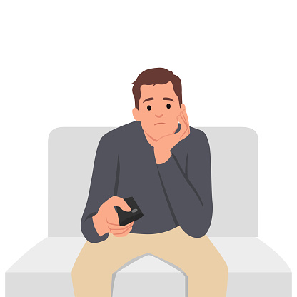 Bored man holding TV remote due to lack of satellite TV channels with interesting shows. Concept frustration and procrastination associated with lack of motivation. Flat vector illustration isolated on white background