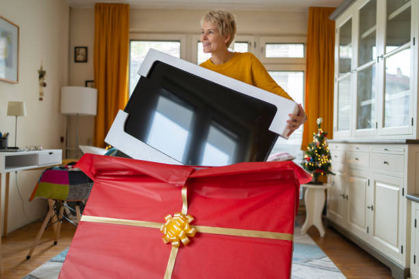 Large TV set as a Christmas gift stock photo