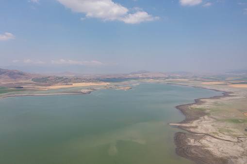Aerial photo of panoramic view of Tahtali dam lake on a sunny day, Kilis, Turkiye.