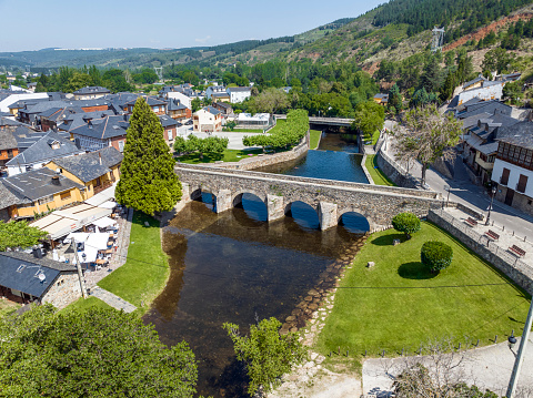 Aerial view of Molinaseca in the province of Leon, El Bierzo region, Roman bridge over the Meruelo river. Considered one of the most beautiful towns in Spain