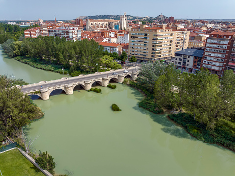 Palencia city, major bridge over the river Carrion. Spain