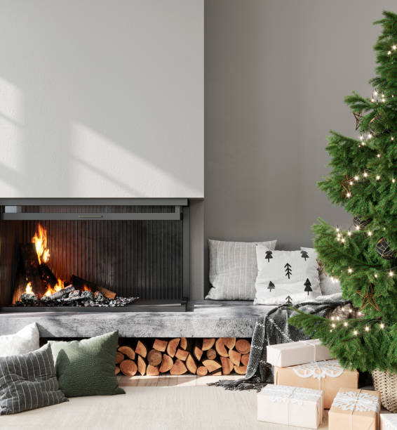 istock Modern gray Christmas interior with fireplace, Christmas tree and gifts, 3d render 1625056031