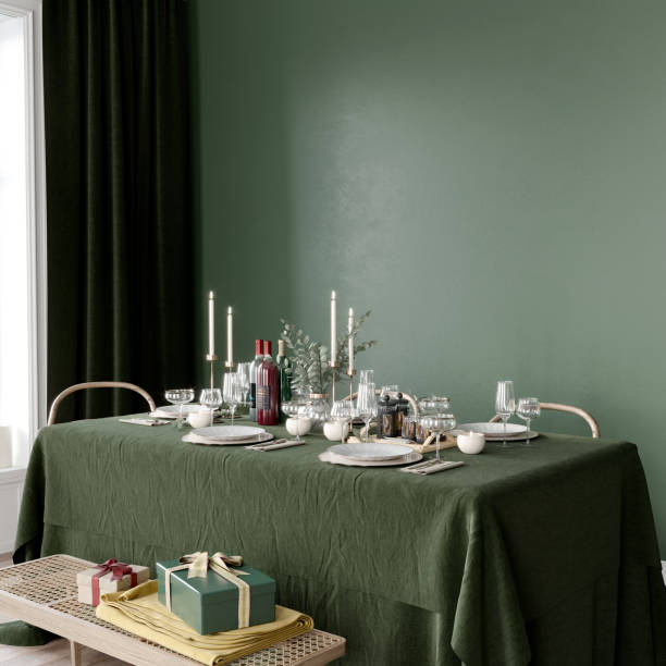 istock Stylish Christmas interior with dining table and gifts around, 3d render 1625056037
