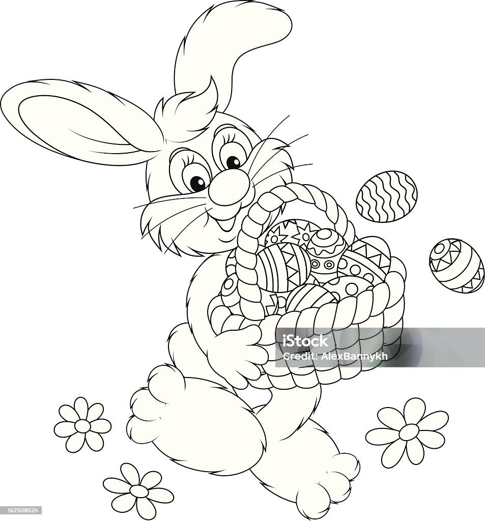 Easter Bunny with a basket of eggs Rabbit friendly smiling and carrying a basket with colorfully painted Easter eggs, black and white outline illustration for a coloring book Basket stock vector