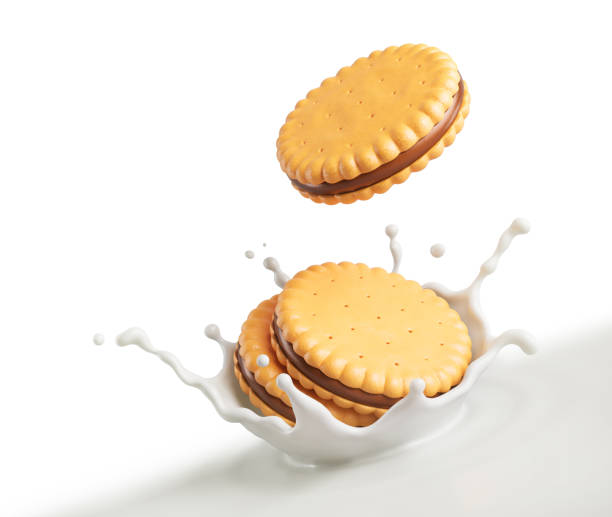 istock Sandwich cookies with Milk splash, 3d illustration for biscuit package design. 1625093311