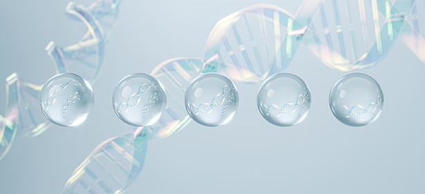 Blue Bubble Liquid , Cosmetic Skin Serum and Vitamin Collagen on Water Surface, DNA Cosmetic Background, 3d Rendering.