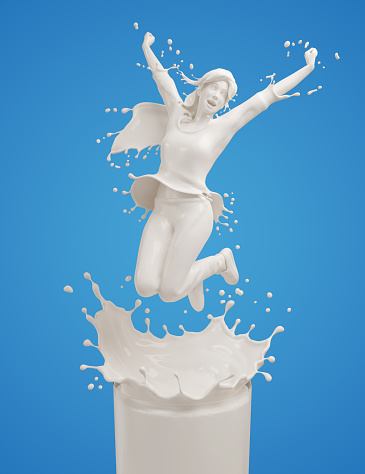 milk glass with liquid milk splash in shape of girl jumping in the air, energy drink concept, 3d rendering.