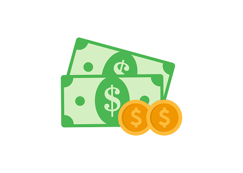 Green dollar bills and coins icon for financial apps and websites