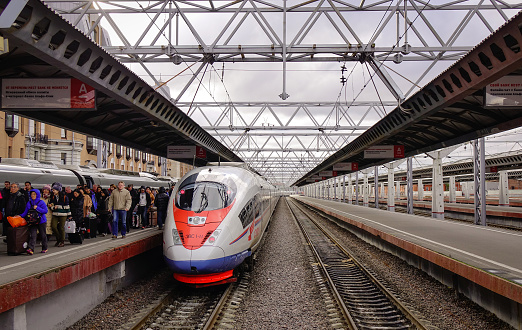 Saint Petersburg, Russia - Oct 5, 2016. A Sapsan high-speed train stopping at station in Saint Petersburg, Russia. High-speed rail is emerging in Russia as an increasingly popular means of transport.