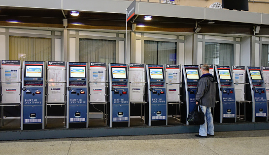 Saint Petersburg, Russia - Oct 5, 2016. Ticket Auto Machines at railway station in Saint Petersburg, Russia. High-speed rail is emerging in Russia as an increasingly popular means of transport.