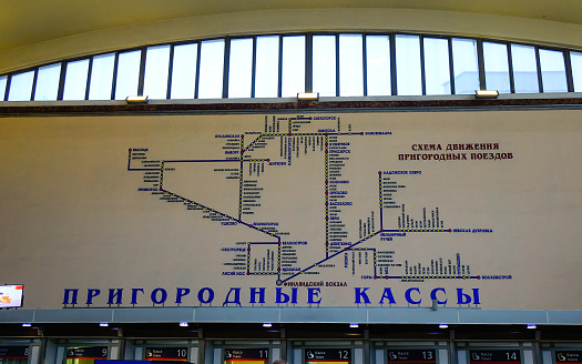 Saint Petersburg, Russia - Oct 5, 2016. Railway network map at station in Saint Petersburg, Russia. The Russian railways are ranked second longest globally, behind the railways of US.