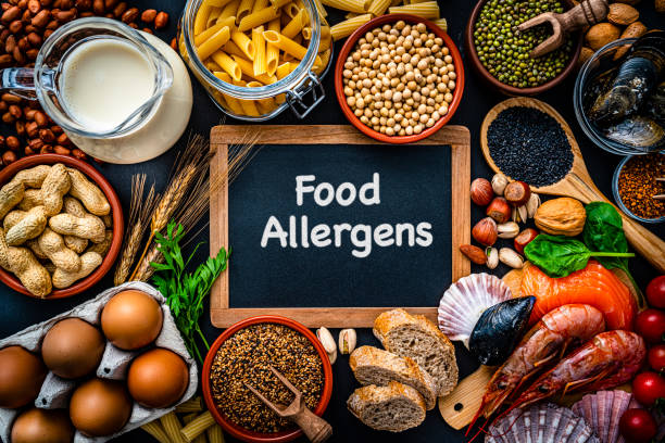 Top allergy food shot from above stock photo