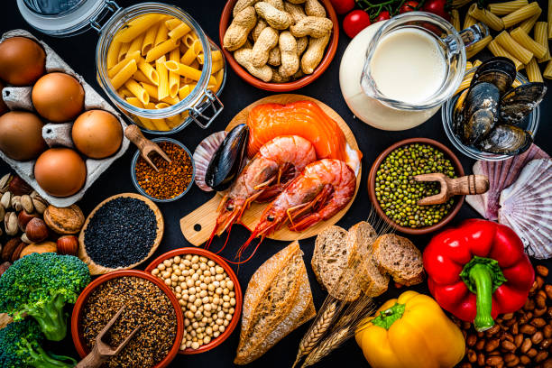 Most common allergy food shot from above stock photo