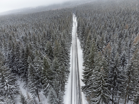 aerial view of a straight road leading through a snow-covered forest in the Polish mountains