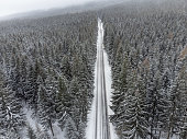 aerial view of straight empty endless road through winter forest on mountain slope