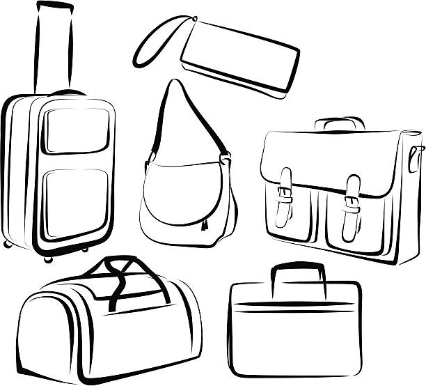 Outline of drawing of set of bags in black and white vector art illustration