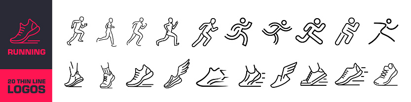 Running icon set. Run symbol set. Linear style.