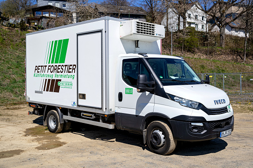 Olpe, Germany - April 25, 2021: Petit Forestier Iveco Daily van. Petit Forestier is the European leader in refrigerated vehicle and container rental.