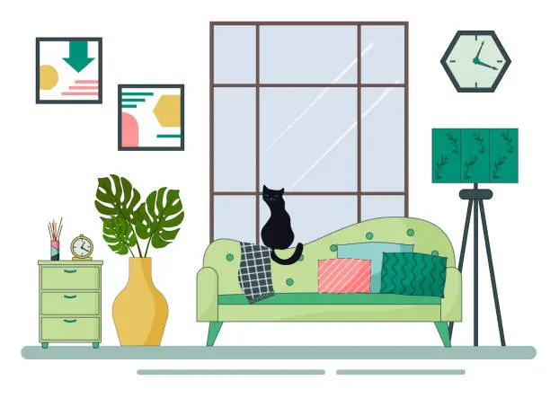 Vector illustration of Interior of modern cozy living room. A sofa with a sitting cat, pillows, a tosher and a nightstand.