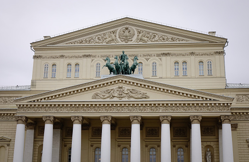 Moscow, Russia - Oct 17, 2016. Facade of Bolshoi Theatre in Moscow, Russia. The Bolshoi Theatre is famous throughout the world. It is frequented by tourists.