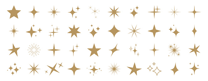 Sparkle and star icons set. Gold sparkles and stars on isolated background. 40 twinkles, stars, sparks and glowing light effects.