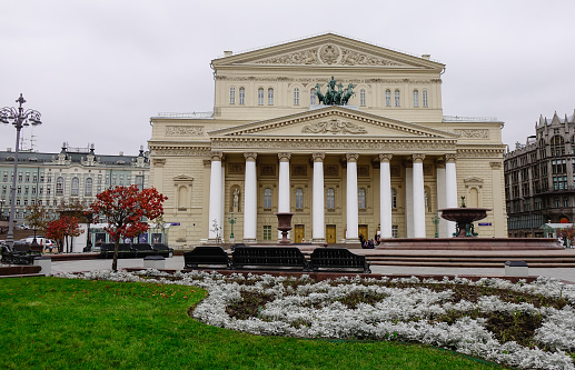 Moscow, Russia - Oct 17, 2016. Bolshoi Theatre with garden in Moscow, Russia. The Bolshoi Theatre is famous throughout the world. It is frequented by tourists.