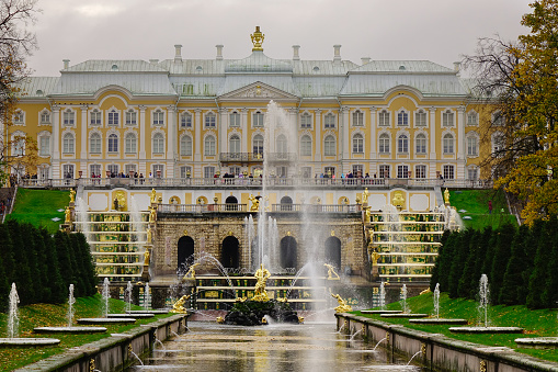 Saint Petersburg, Russia - Oct 9, 2016. Facade of Peterhof Palace in Saint Petersburg, Russia.