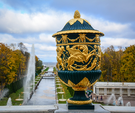 St Petersburg, Russia - Oct 9, 2016. A mable relief for decorations at Peterhof, St Petersburg, Russia. The Peterhof Museum is one of the most popular museums in Russia.