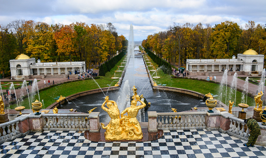 St Petersburg, Russia - Oct 9, 2016. Samson Fountain and Sea Channel at Peterhof, St Petersburg, Russia. The Peterhof Museum is one of the most popular museums in Russia.