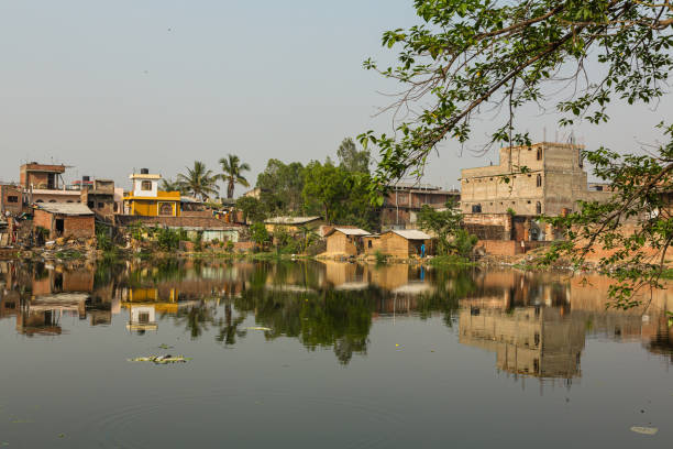 pejzaż miejski i duży staw na przedmieściach janakpur, świętego miejsca hinduizmu w nepalu - janakpur zdjęcia i obrazy z banku zdjęć