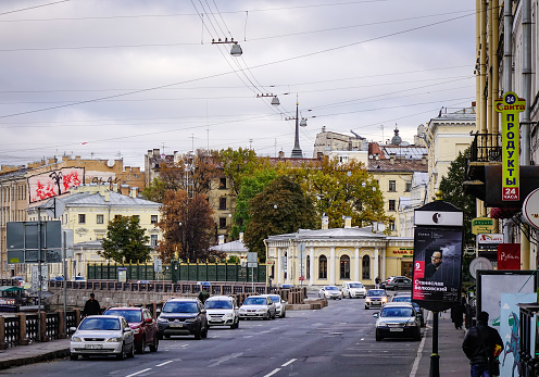 St. Petersburg, Russia - Oct 8, 2016. Street at downtown in St. Petersburg, Russia. Saint Petersburg is a world-class destination and Russia second largest city.