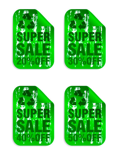 illustrations, cliparts, dessins animés et icônes de ensemble d’autocollants verts eco super sale 20%, 30%, 40%, 50% de réduction - sale number 50 percentage sign number