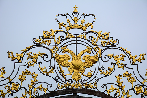 Symbol of Russia, two headed eagle at the park in Saint Petersburg, Russia.