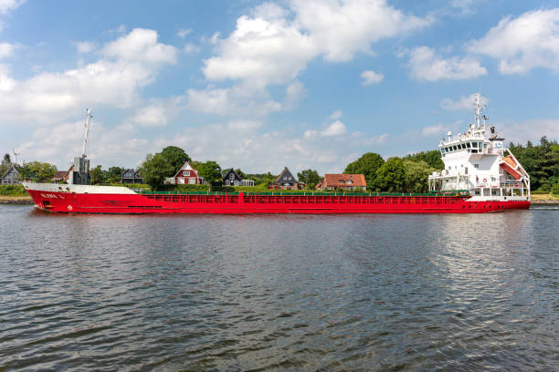 Sehestedt, Germany - June 19, 2021: general cargo vessel Elena L in the Kiel Canal