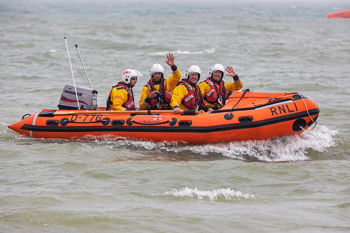 Eastbourne, UK - Aug 18, 2023:Royal National Lifeboat Institution (RNLI) team at the Eastbourne Airbourne 2023