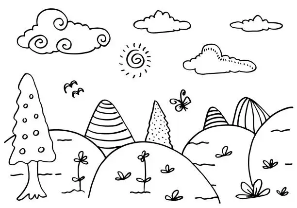 Vector illustration of Cute cartoon meadow with mountains, plants, clouds and sun.