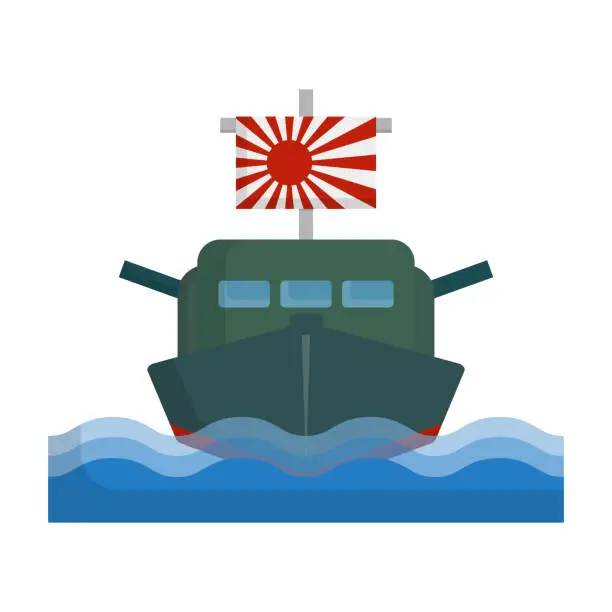 Vector illustration of Japanese warship icon with rising sun flag. Vector.