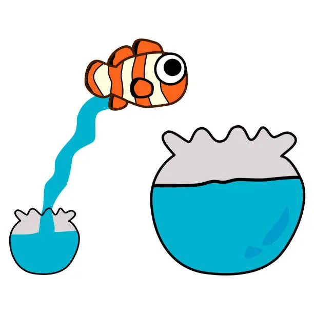 Vector illustration of Clown fish jumping out one fishbowl to another aquarium.
 vector illustration