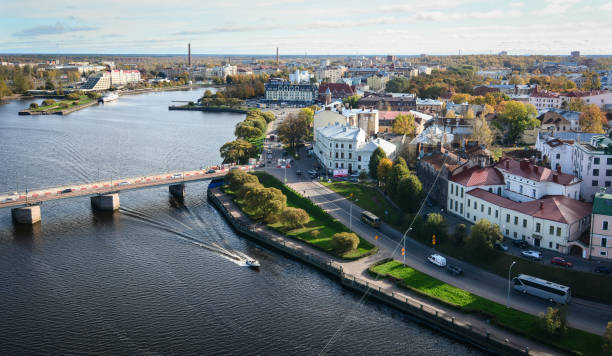 Aerial view of Vyborg, Russia Town of Vyborg, Russia. With its cobblestoned streets and medieval castle, Vyborg makes the perfect day trip from St Petersburg. russia city spring stock pictures, royalty-free photos & images