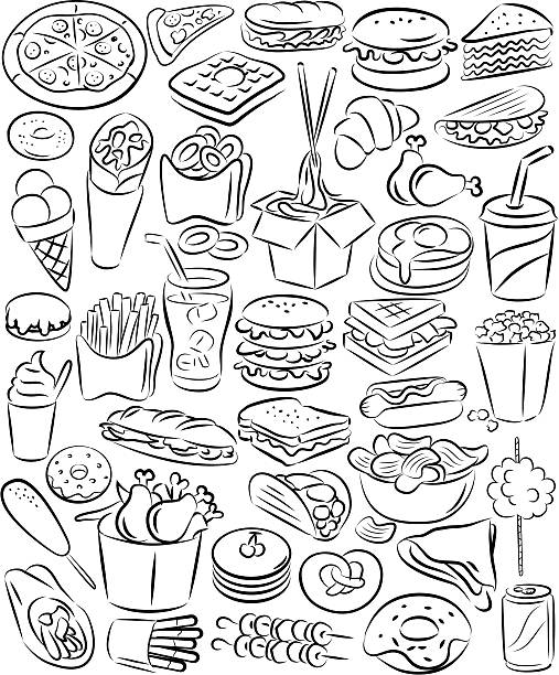 ilustraciones, imágenes clip art, dibujos animados e iconos de stock de conjunto de iconos de comida rápida - waffle chicken fried chicken food