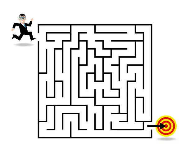 Vector illustration of Smiling Businessman Looking for Final Target Through Maze