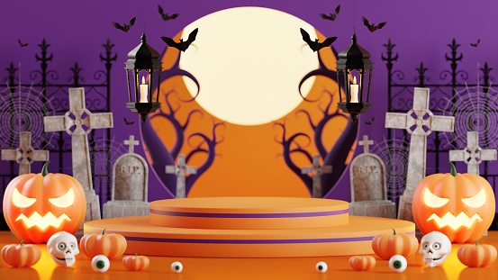3d rendering illustration design podium for halloween banner with pumpkin,crucifix, skull, candle, candy, givebox ,grave on background.