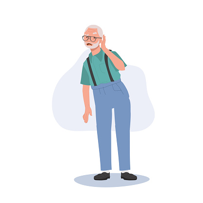 Senior Ear Health Issues. Ear Problem in Older Age concept. Elderly man with Hearing Loss.