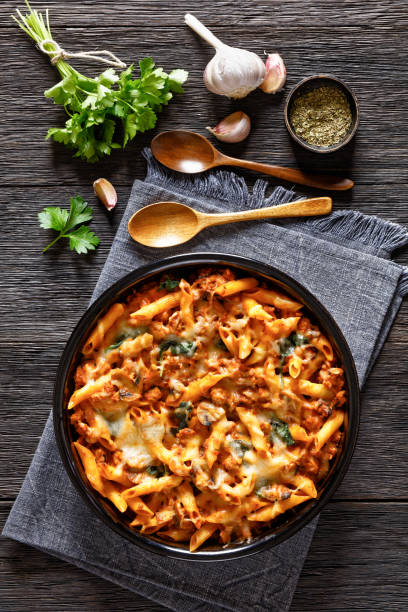 istock Ground Chicken Pasta Bake in baking dish, top view 1625296929