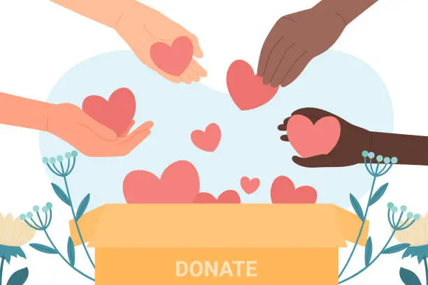 Vector illustration of People give hearts to donation box. Hope, solidarity, aid for refugees concept