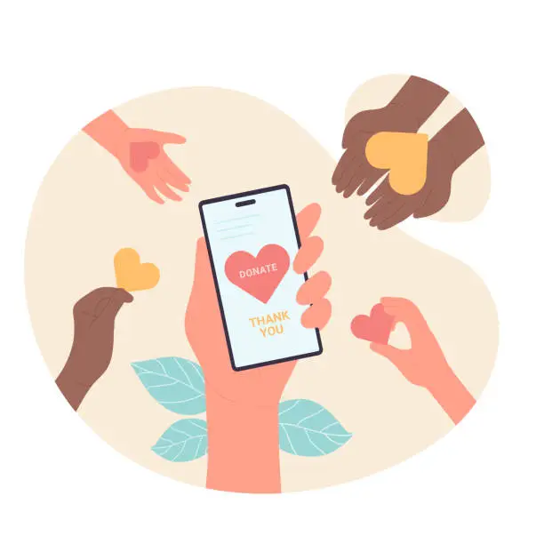 Vector illustration of Volunteers donating hearts in charity campaign to help. Fund, donation app concept
