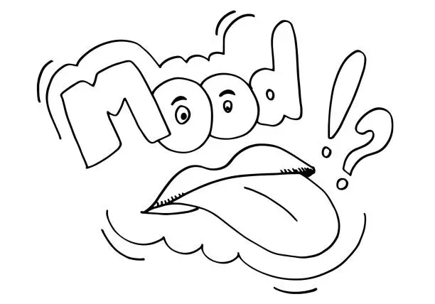 Vector illustration of Tongue with question mark symbol sign. Cartoon emoji expressing boredom and tiredness.