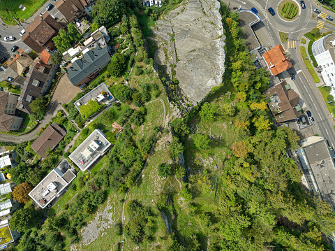 Top view of rock from Lägern mountain at Swiss City of Baden on a sunny summer noon. Photo taken August 19th, 2023, Baden, Canton Aargau, Switzerland.
