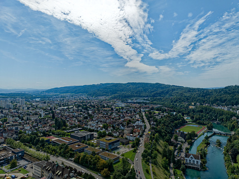 Aerial view of Swiss City of Wettingen seen from City of Baden on a sunny summer noon. Photo taken August 19th, 2023, Baden, Canton Aargau, Switzerland.